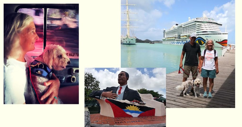 taxi ride with women and dog, Antigua statue, couple with dog on dock with cruise ship and tall ship in background 