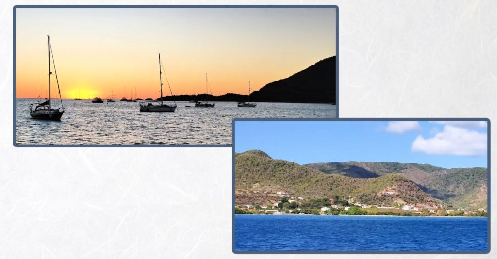 landscapes in Antigua, water and hills and sailboats at anchor at sunset 