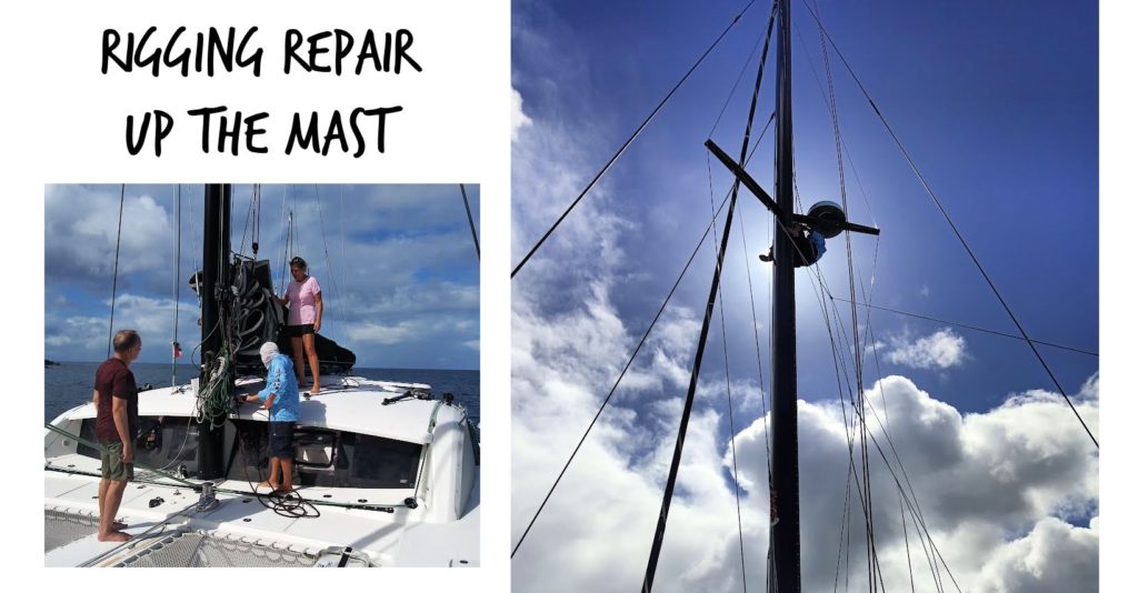 man up the mast, other crew on deck to help with rigging repair