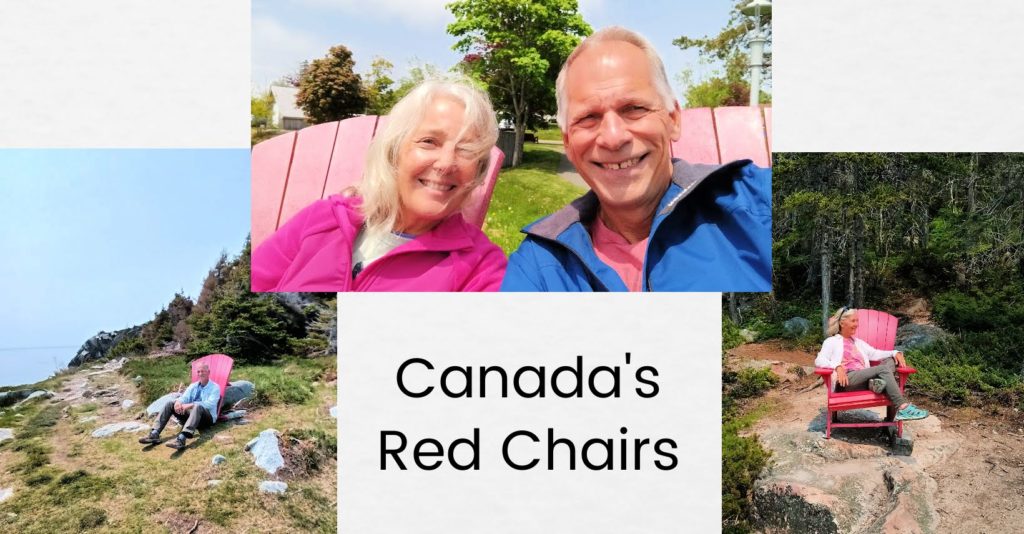 Tony and Julie using different Park Canada's Red Chairs at a museum and on hiking trails.