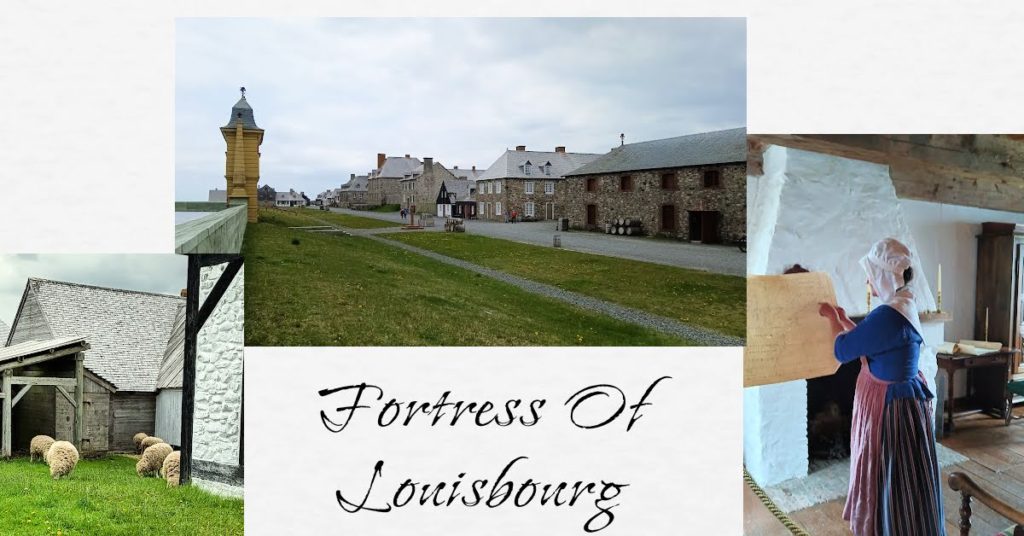 collage from fortress of louisbourg, women in period dress explaining daily life, view of buildings, sheep grazing 