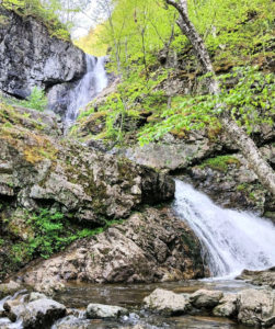 waterfalls cascading down tall gorge of rocks 