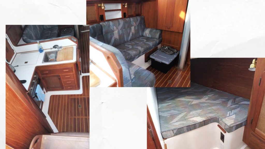 collage of sailboat cabin with galley, dinnette, and quarter berth.