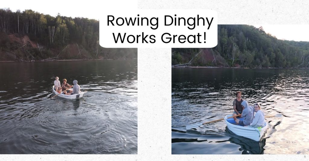 pictures of group rowing a dinghy to shore of wooded island 