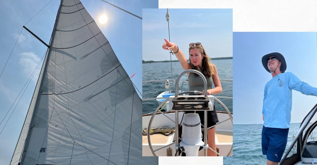 collage of sailing photos, man with hat overlooking water, lady at helm, sail up 