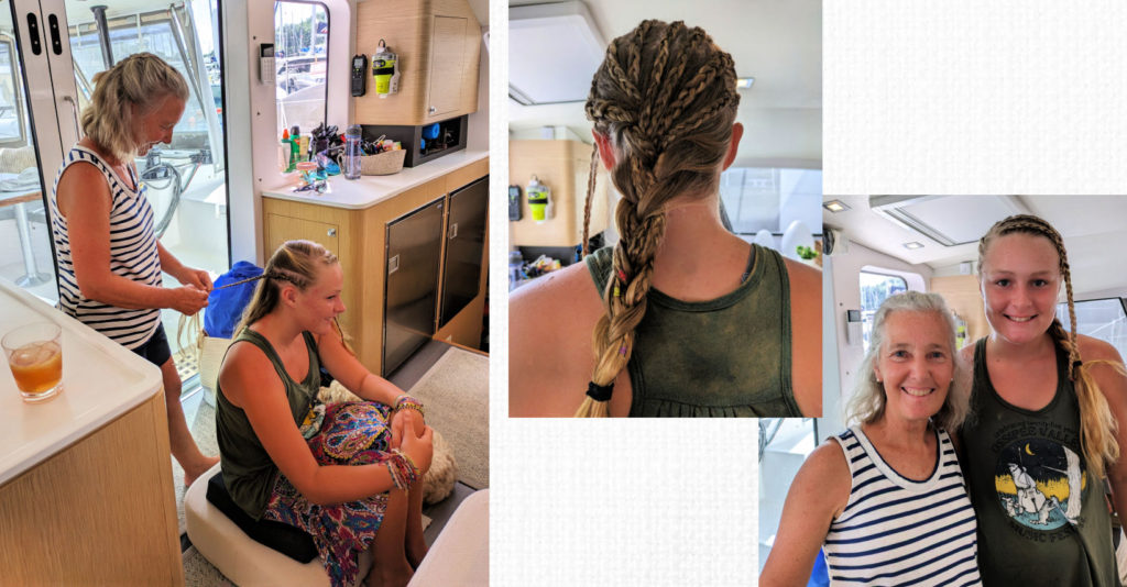 collage of woman braiding a teenagers hair, close up of braids 