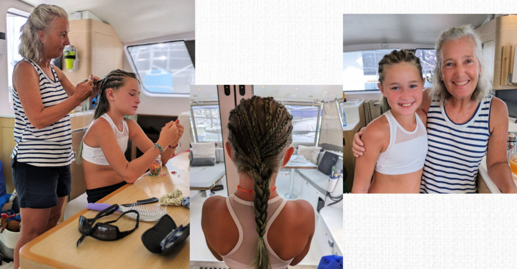 collage of woman braiding girls hair and the finished braids 