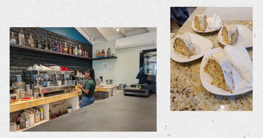 barista at a coffee shop, slices of coconut cake on plates 