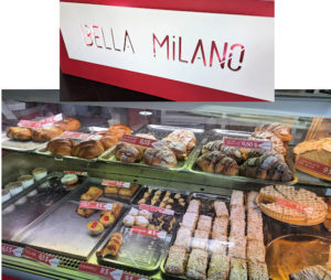 bakery sign "bella Milano" and display of some of their pastries in the window