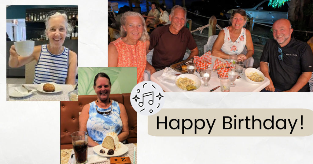 friends at restaurant tables celebrating birthdays  with meals and cake, coke, coffee