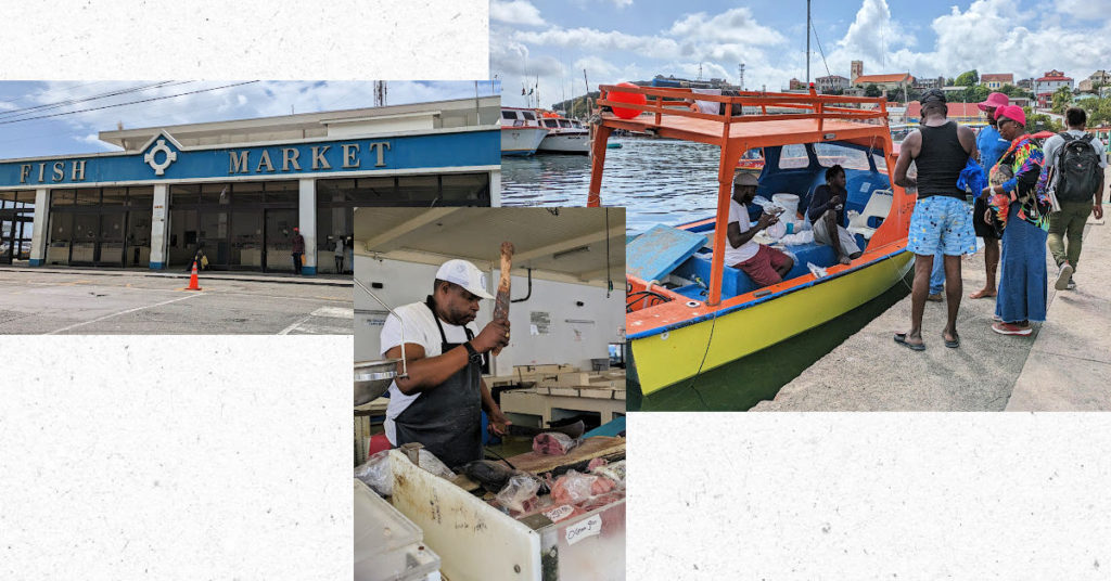 collage of pics, fish market in St George building exterior and sign, man cutting fish in the fish market, fishermen selling fish from their boat at the sidewalk