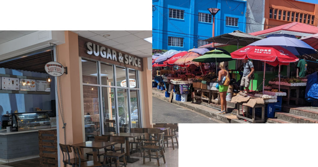grenada market unbrellas and food stands, sugar and spice ice cream store 