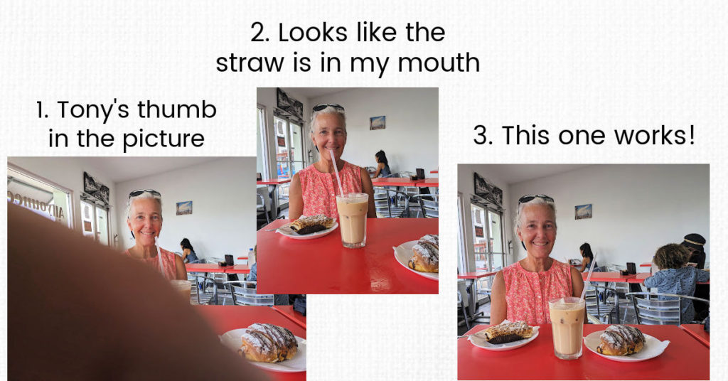3 photos of a lady at the bakery with a treat and drink in front of her, one with a thumb in the pic, one with a straw in the mouth, one with her smiling 