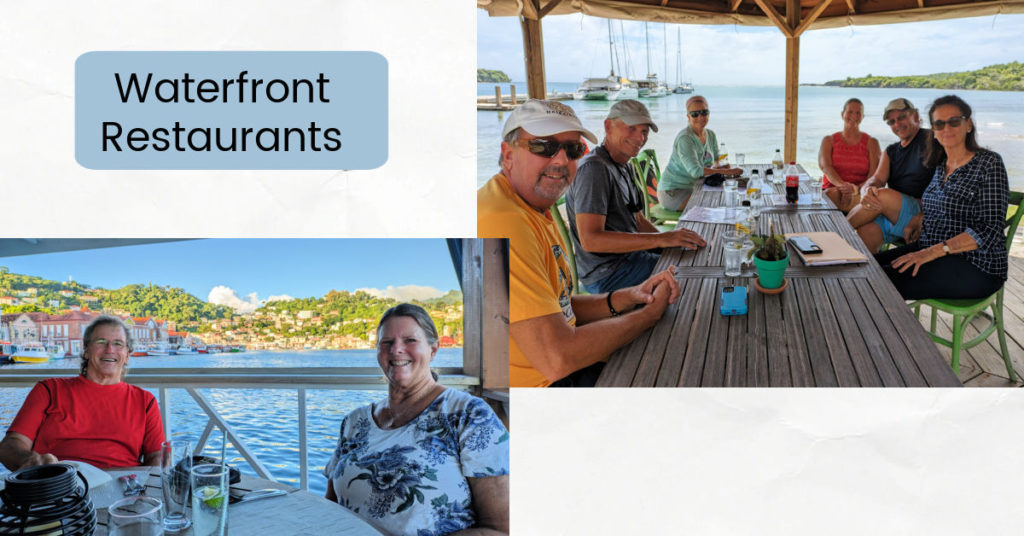 cruisers at restaurant tables with water front views of town or sailboats 