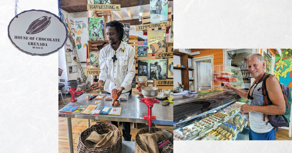 Grenada chocolate museum sign, man giving educational lesson on cocoa, man tasting samples of chocolate at the chocolate treat counter 