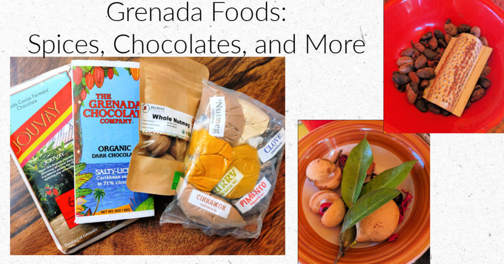 chocolate bars, spices in bowls, nutmeg in package, spices in baggies
