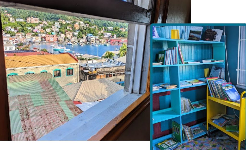 view of blue bookcase in local library, view of the water and town through the library window 