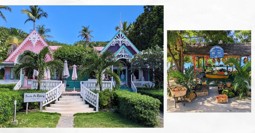 shops on Mustique in caribbean colors and open air market stand with fruit 