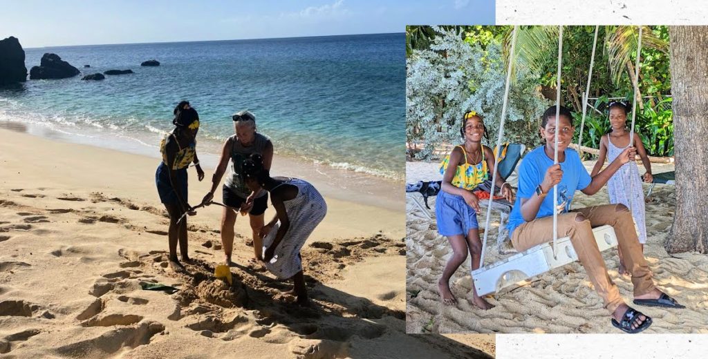 Grenadian children on a tree swing, Julie and kids making a sand castle at the beach using natural materials 