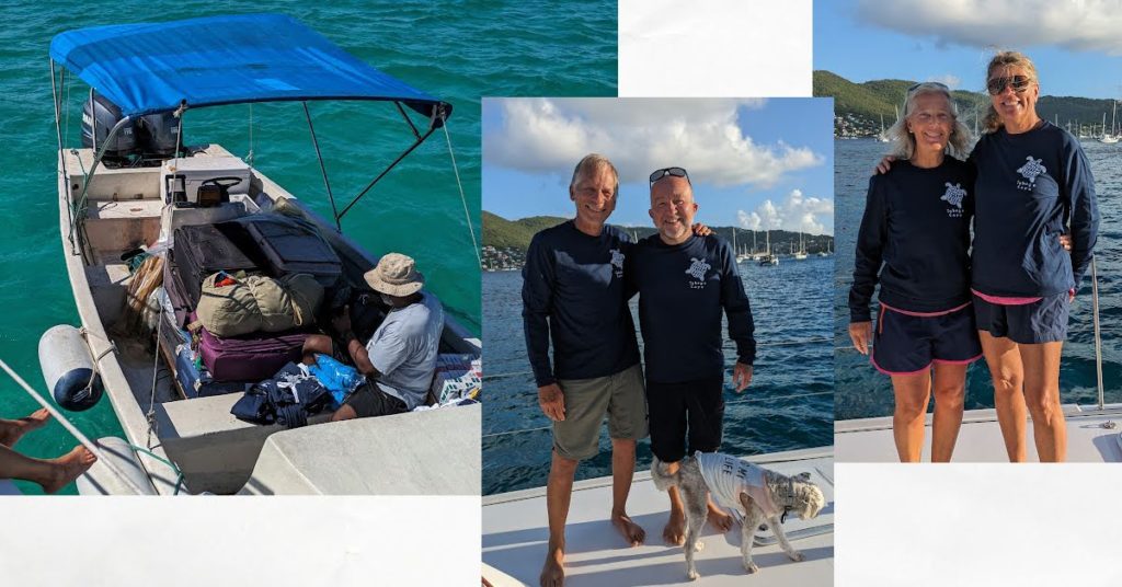 tshirt vendor in dinghy boat alongside catamaran, two men and two women with their new sun shirt with turtle decal on front 