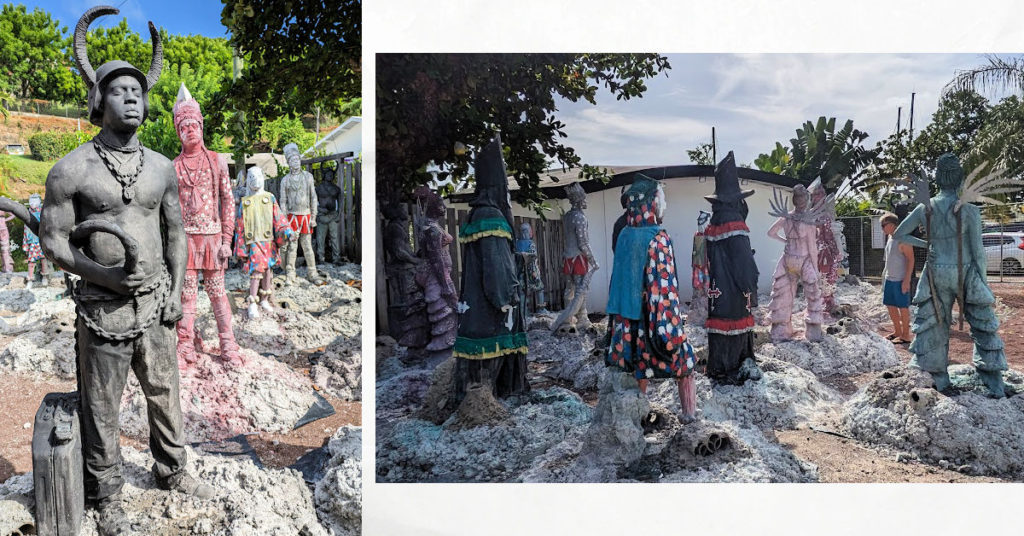 new sculptures of Grenada Carnival characters in costume on preview on land for underwater sculpture garden 