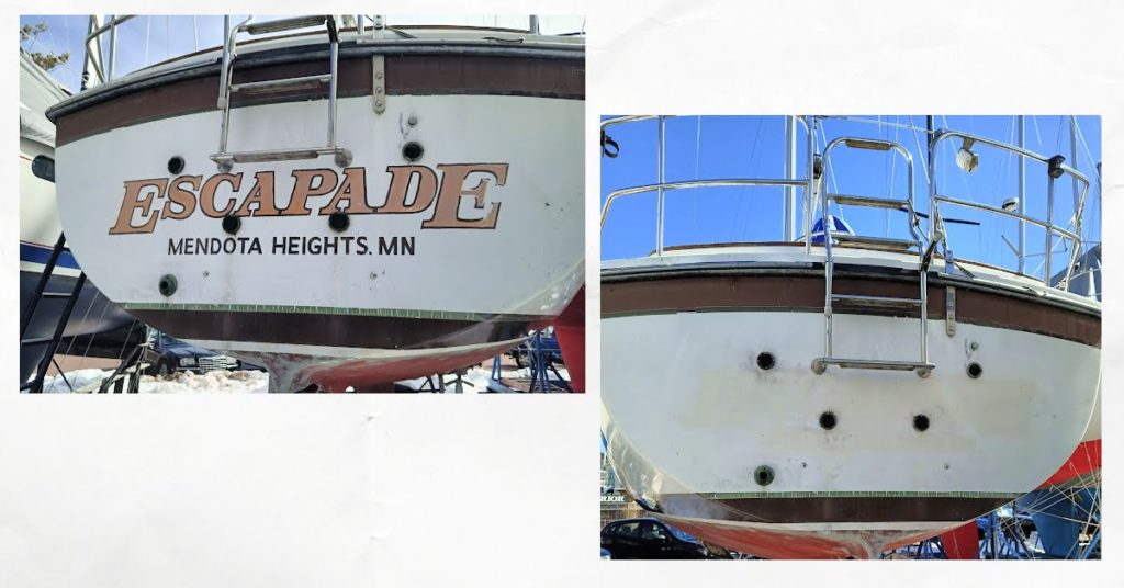 hull of sailboat with old name "Escapade" on the stern and then with the name taken off the stern 