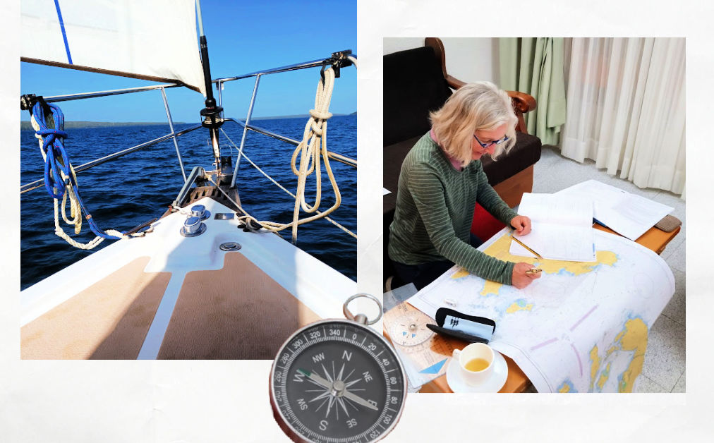 woman working on a nautical chart, bow of sailboat with sail up, compass