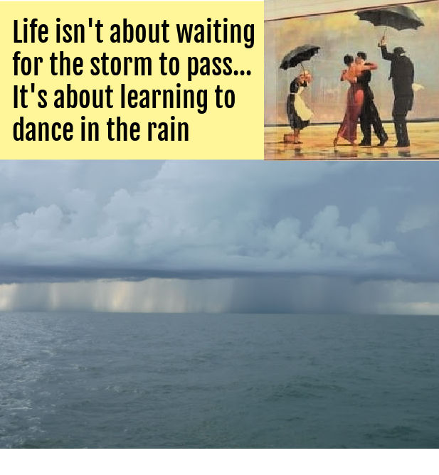 photo of water with rain clouds and rain in the distance, heading with picture of a couple dancing under an umbrella o a rainy day 
