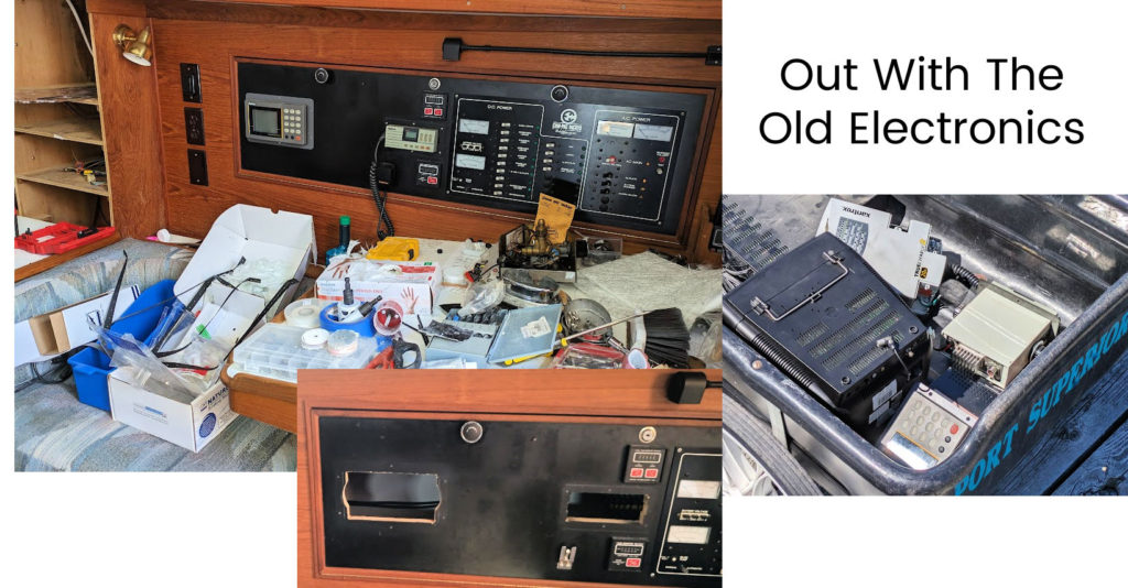 collage of old boat electronics in the boat, in a dock cart, and empty hole on the electronic panel ready for new instruments 