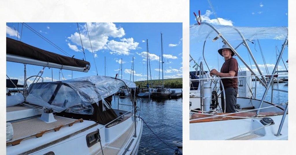 plastic pattern of bimini for sailboat cockpit, man standing under the plastic pattern in the cockpit 