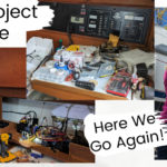 collage of boat projects, man working on electrical panel, woman holding electric screwdriver at stern of boat, tools on nav station desk