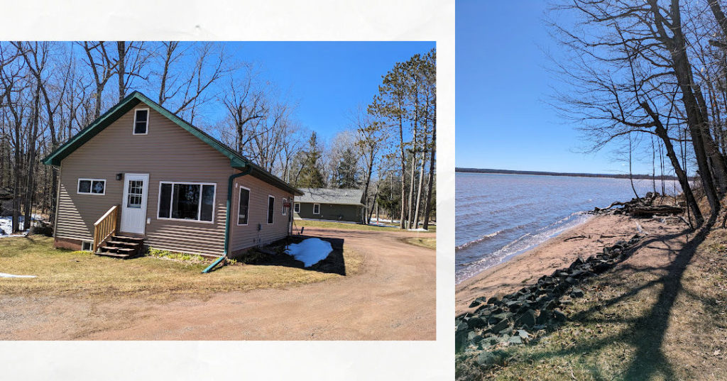 outside of a cabin at a resort and the beach front on Lake Superior 