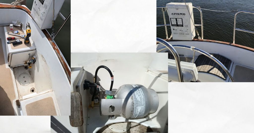 Collage of helm seat of sailboat, with propane tank, empty, and with curved wooden seat.