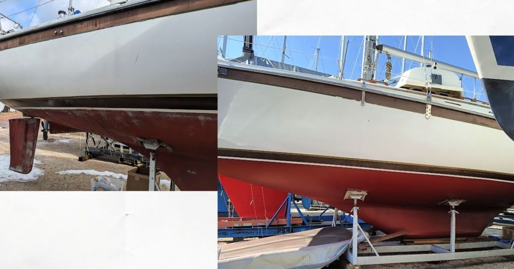 hull and bottom of sailboat before and after getting new red paint 