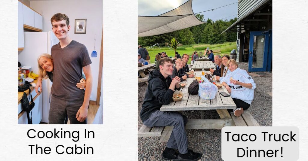 picture of family eating on picnic table at taco truck and pic in cabin kitchen of grandma and grandson 