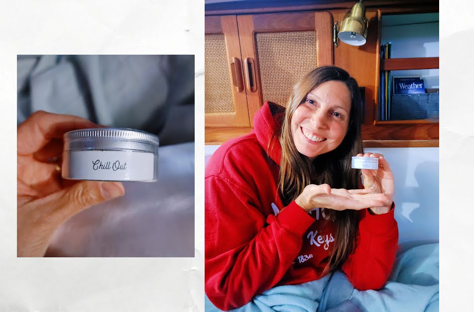 women holding a small tin of tea, close up picture of tin of tea named "chill out"