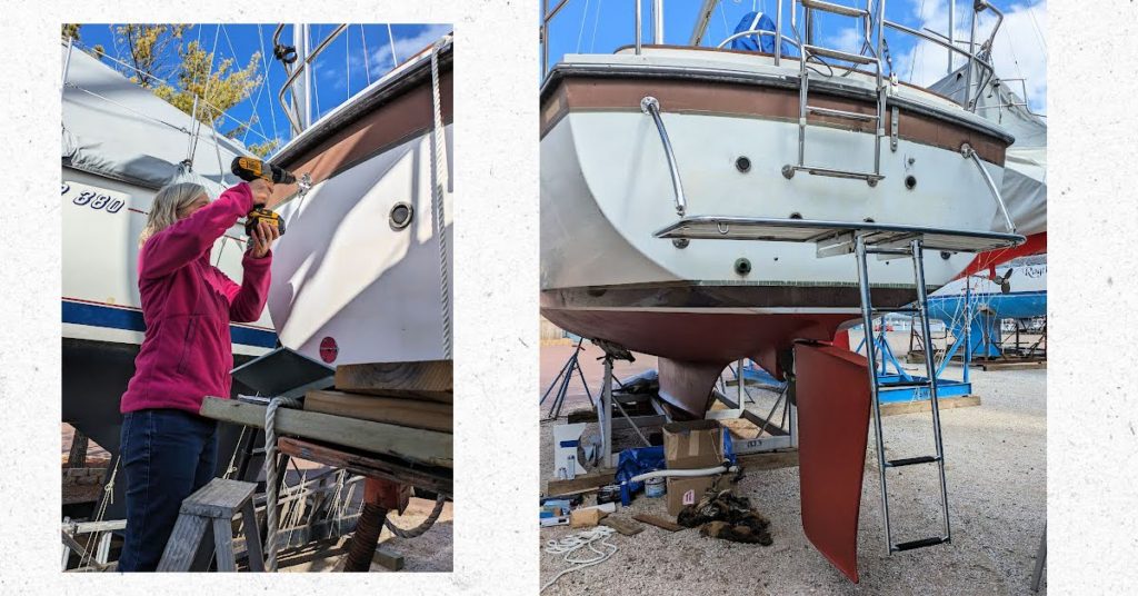 woman tightening hardware on stern of boat, picture of installed swim platform on the stern of sailboat.