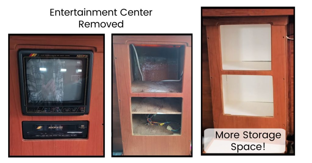 entertainment center equipment removed from boat and made into storage space open shelves 