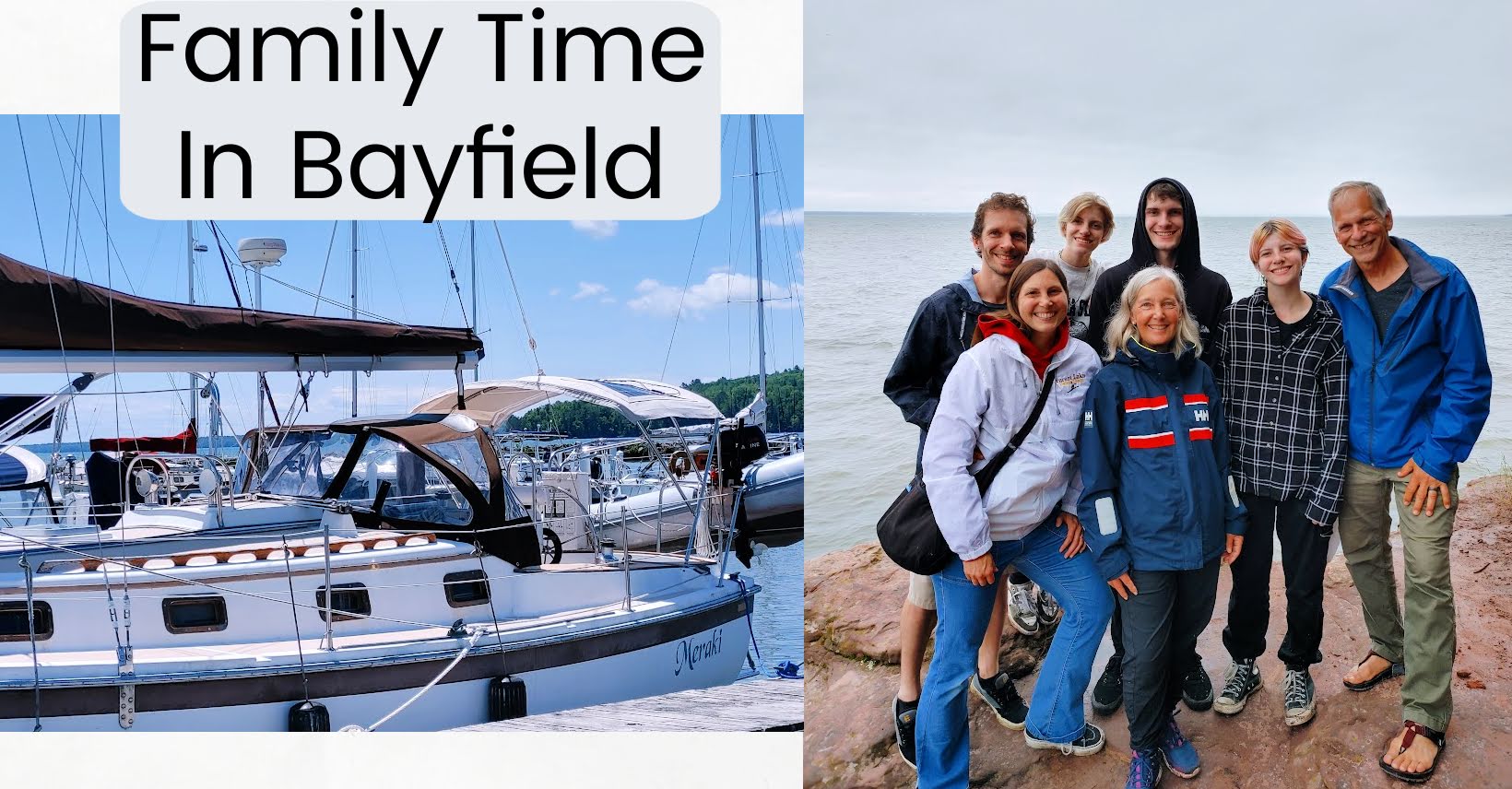 sailboat at dock photo of 8 family members with lake superior in background