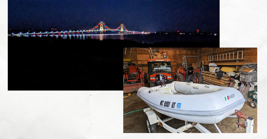 inflatable rib dinghy in a garage and picture of lights on mackinaw bridge at night 