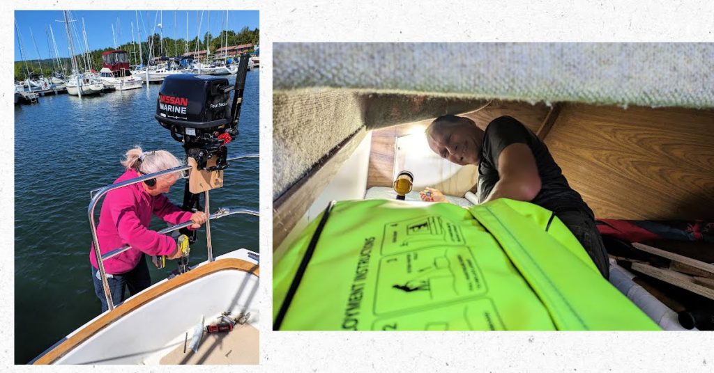 man in quarter berth with flashlight, woman off stern of boat screwing hardware onto boat  