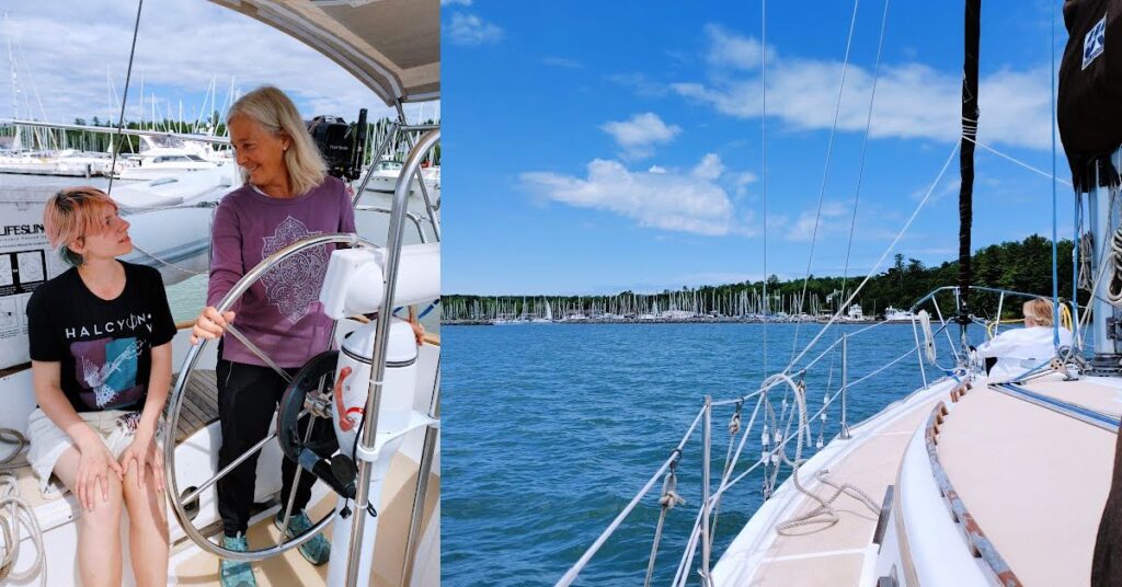 woman and grandchild at wheel of sailboat leaving marina, pic of bow of sailboat heading back to the marina 