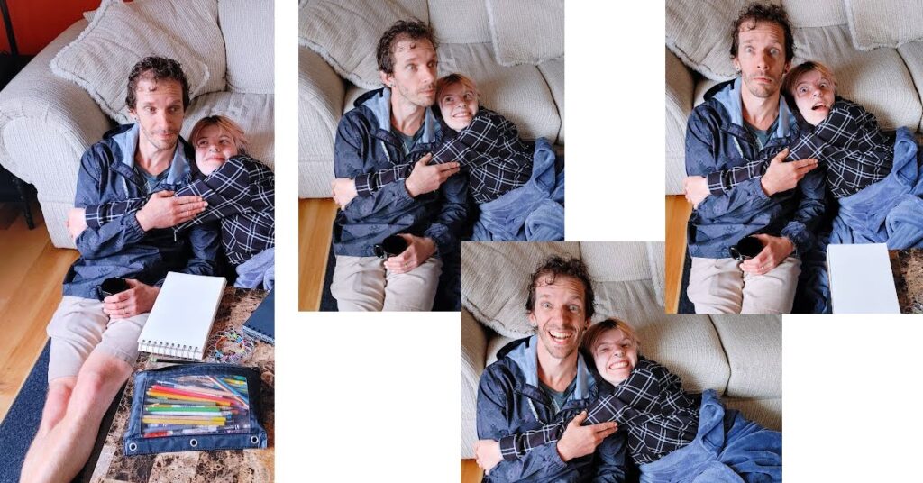 collage of photos of dad and teenager making various facial expressions of bug eyes, happy, surprised, while sitting on floor up against couch 