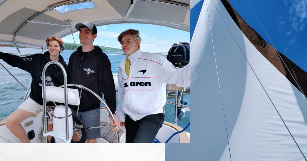 pic of sail up and blue sky, pic of 3 young adults at the wheel of sailboat 