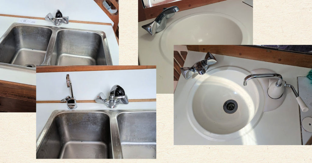 galley sink before and after adding filter water faucet and head sing before and after adding hand pump faucet