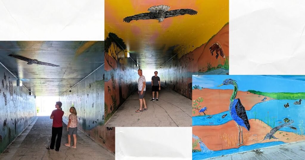 tunnel under highway with nature theme murals on sides and eagle on ceiling 