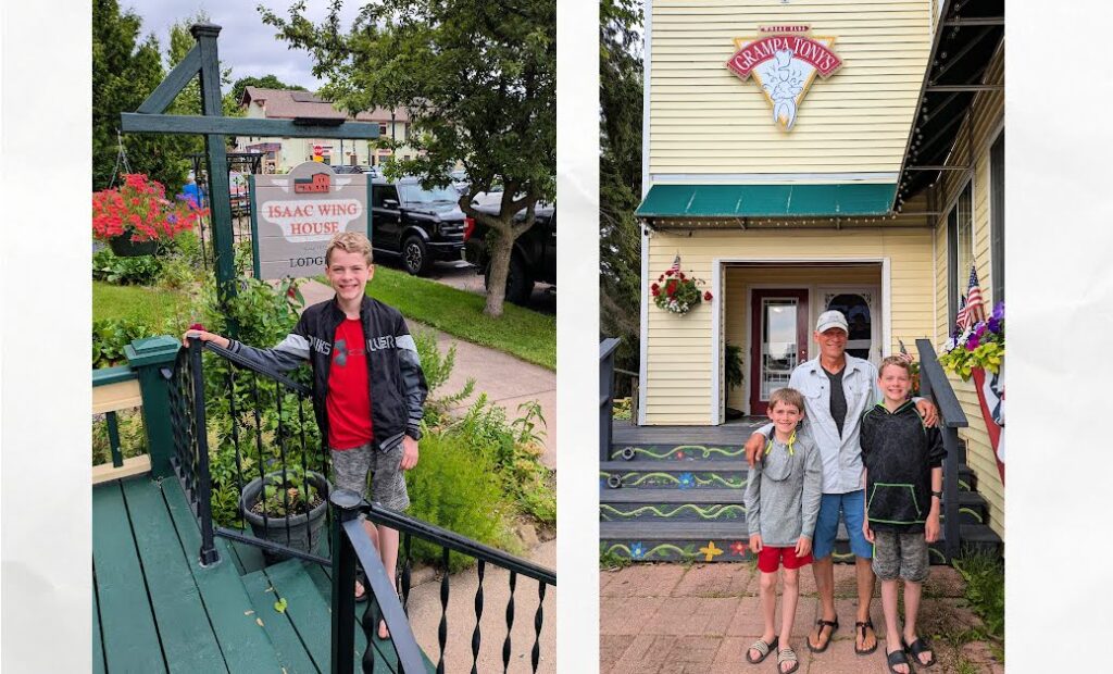 boy in front a business with his name, grandpa tony and boys in front of a business with his name 