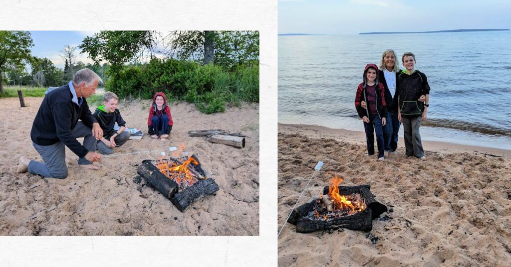 beach campfire making smores, grandpa and grandsons, grandma and grandsons standing at waters edge on the beach