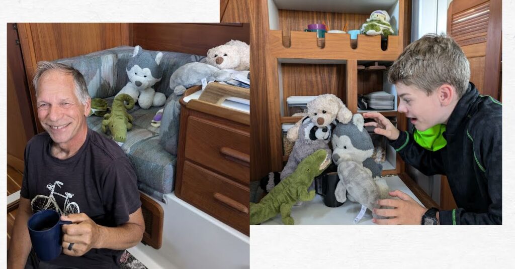 stuffed animals in comfy boat chair and grandpa on the floor with his coffee, stuffed animals crowded around boys hot cocoa and boy looking surprised