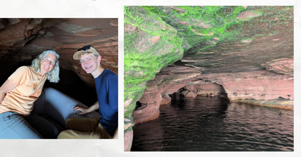 grandma and teen grandson in dinghy in a sea cave, picture of green moss growing in a sea cave and rock without moss, calm water 